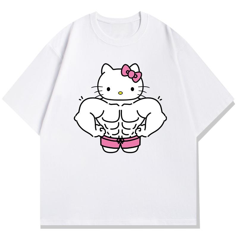 Hello Kitty Fitness Theme Printed Childrens Tshirt Loose Casual Round Neck Parent Child Short Sleeve 2026 Summer New Style