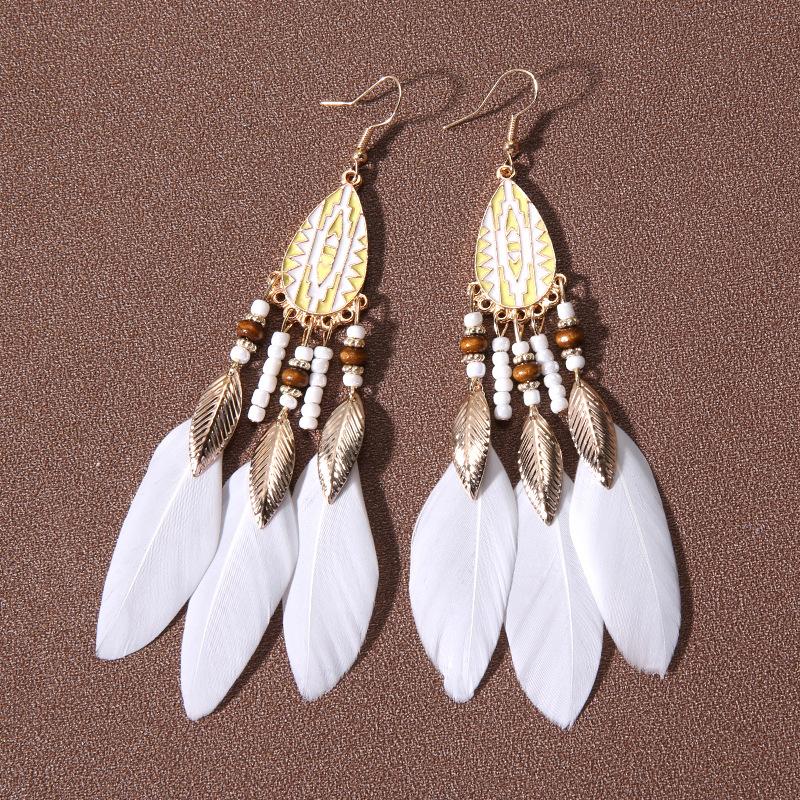 Bohemian Long Feather Dangle Earrings For Women Beach Chain Tassel Drop Earrings Wedding Bride Jewelry Girl Gift