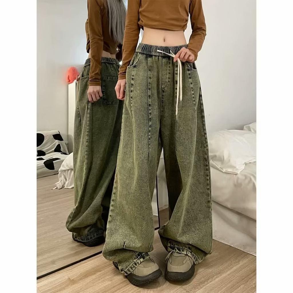 Women Vintage Baggy Jeans Elastic Waist Oversized American Trouser Denim Wide Leg Streetwear Straight Basic Pants Y2k  Plus Size