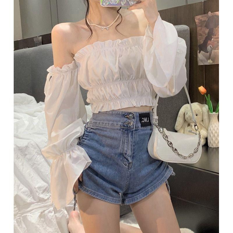 Pure Desire Slash Neck Women Blouse Fold Agaric Edge Slim Elastic Waist High Waist Navel Exposed White Cropped Top Hotsweet