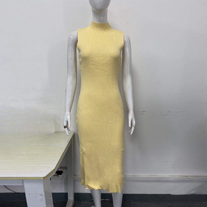 European and American Summer Sleeveless High Neck Knitted Dress Sexy Slim Fit Knitted Sweater Long Skirt