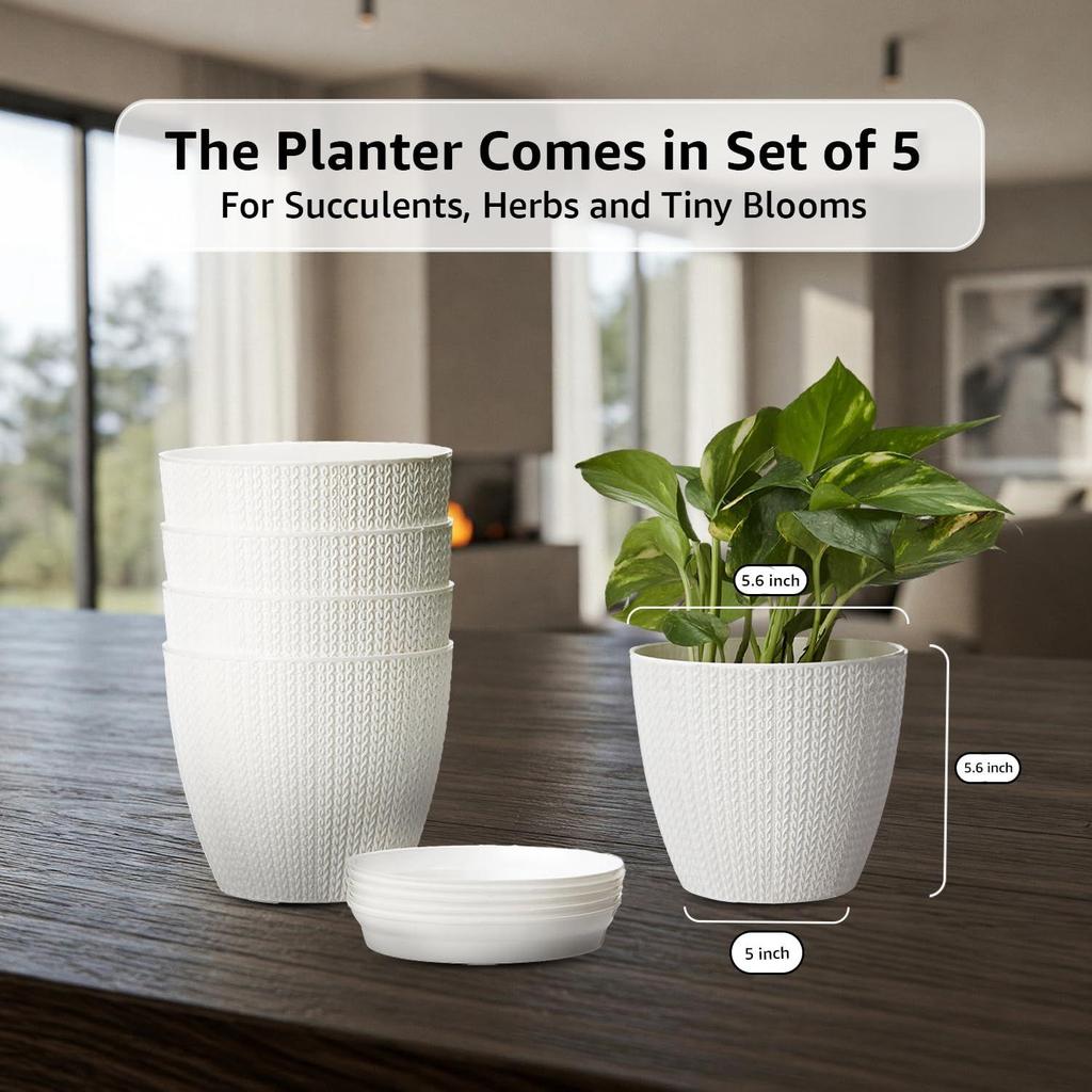 Круглый горшок для цветов 5 дюймов/12,9 см для помещения и улицы, белый, лучший для декора террасы/балкона/дома/офиса – Набор из 5 штук