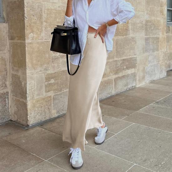 Women Skirt Silky Satin High Waist Drawstring Elastic Solid Color Ankle Length A-line Soft Breathable Casual Lady Maxi Skirt