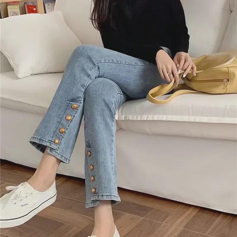 Женские джинсы с высокой талией и разрезом по низу, широкие - ранняя осень, большой размер