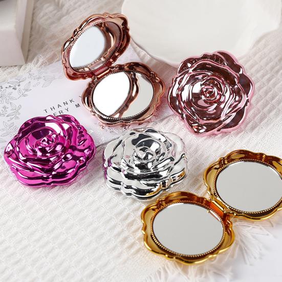 Electroplating Rose Double-sided Mirror Portable Travel Mini Foldable Makeup Mirror Women Girls Vintage Pocket-sized Handheld Vanity Mirror