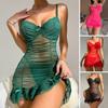 2 Pcs/Set Nightdress Panties Set Spaghetti Strap Backless Sleeveless Nightwear Pleated Transparent Mesh Bow Ruffle Dress Sleepwear Set G-string Set