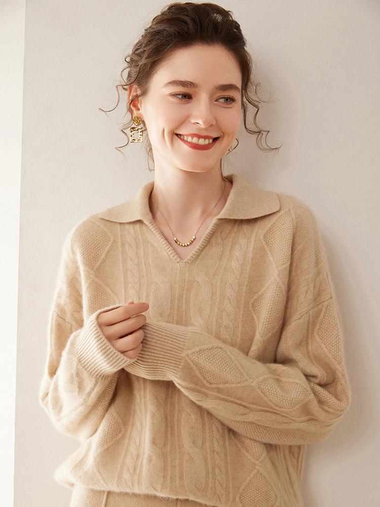 Women's Thick Three-Strand Twisted Cashmere Knit Sweater, Long Sleeve, Polo Collar, Loose Fit, Soft & Skin-Friendly.