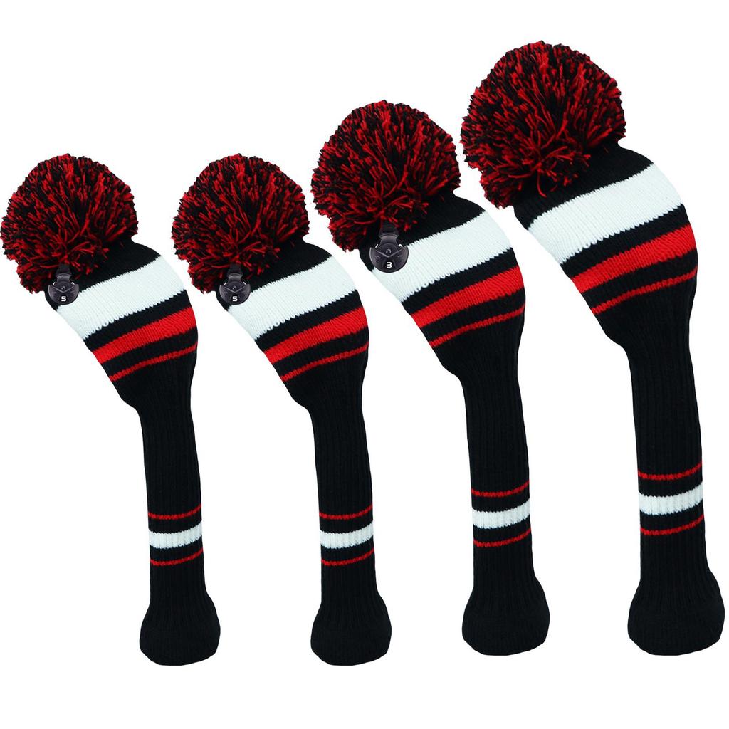 4Pcs Knitted Golf Headcovers Set | Striped Contrast Design with Pom-Pom | Long Neck Driver/Fairway Woods Covers 1/3/5# Warm Winter Golf Accessories