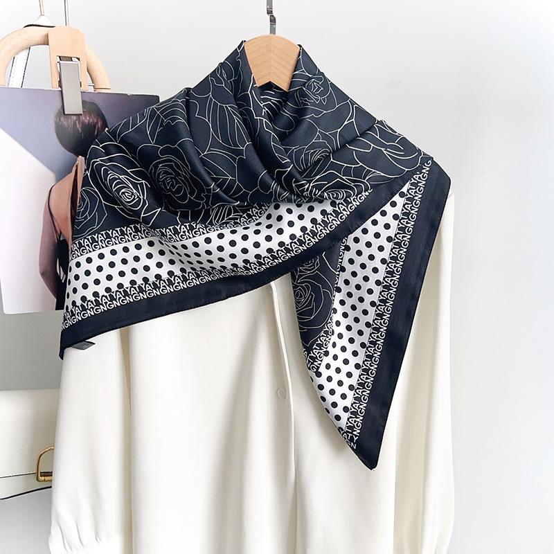 1116 New Camellia Print Silk Scarf, Summer Thin High-End Korean Fashion Chest Wrap Square Scarf and Headscarf Decoration