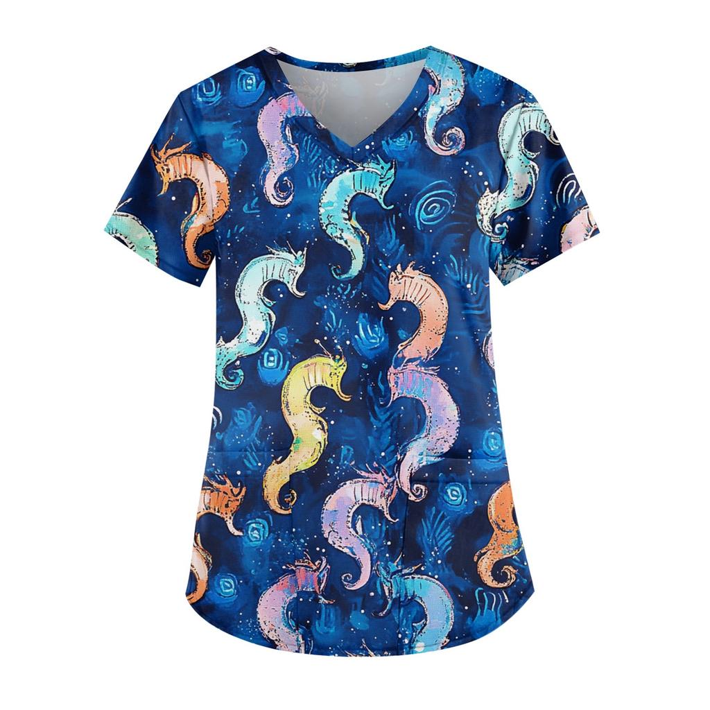 Рабочая форма больших размеров с принтом, топы для женщин, забавные футболки с v-образным вырезом и короткими рукавами, рабочая одежда, футболка с карманами