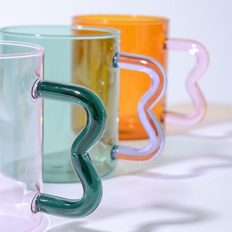 Colored Glass Cup with Wave Handle Coffee Breakfast Cup Large Capacity Milk Cup Microwaveable Cross-border