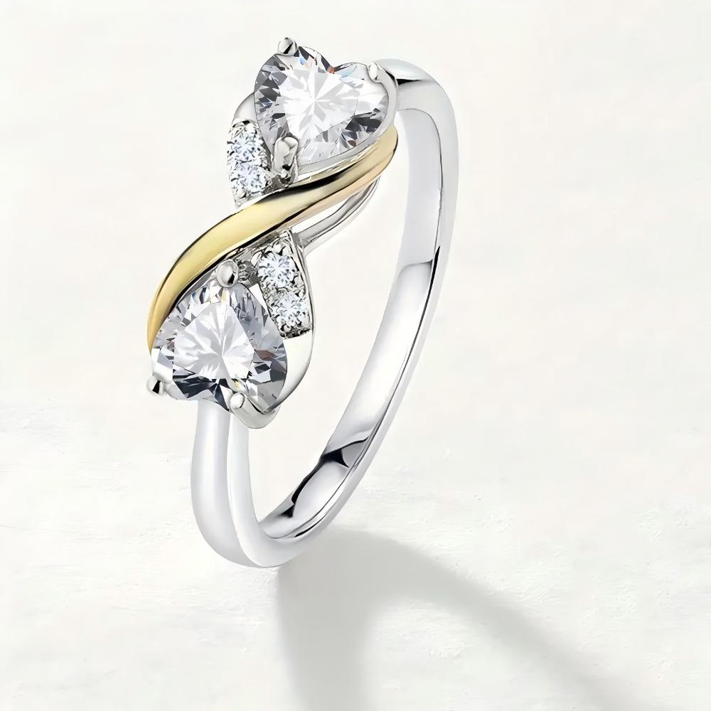 Women Rings Love Heart Shaped Zircon Diamond Two Tone Care Rings for Her Elegant Gift