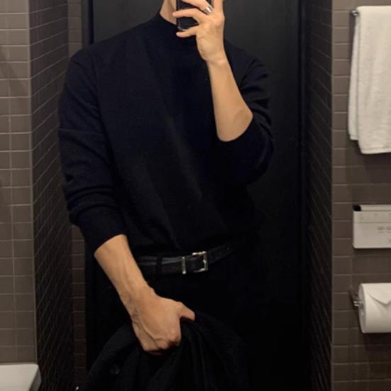 Men Bottoming T-shirt Half-high Collar German Velvet Solid Color Elastic Mid Length Pullover Layering Top for Winter And Fall