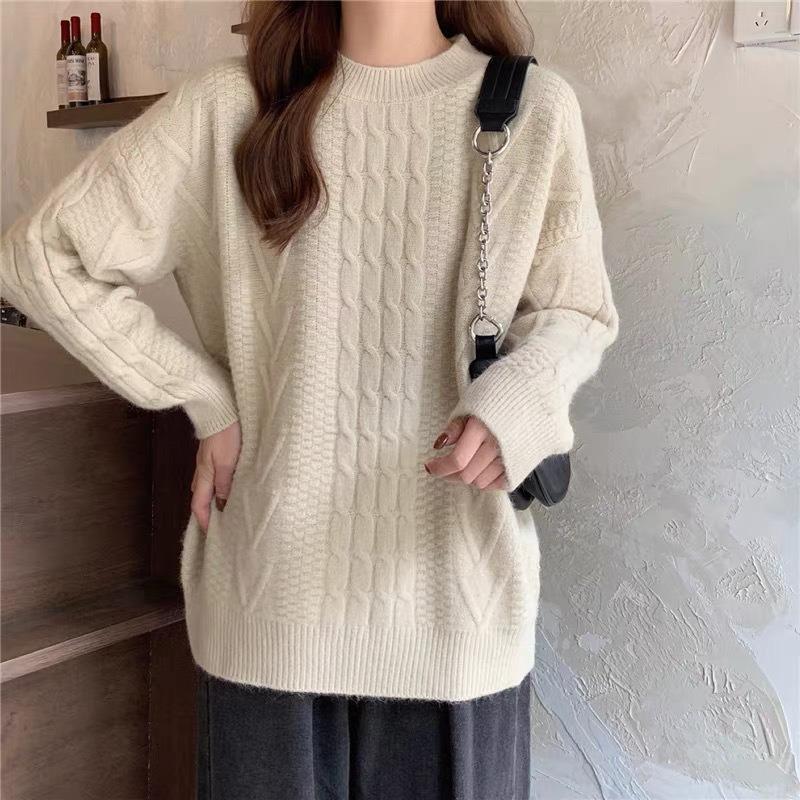 Women's Retro Lazy Style Cable Knit Sweater - Soft, Gentle, Loose Round Neck