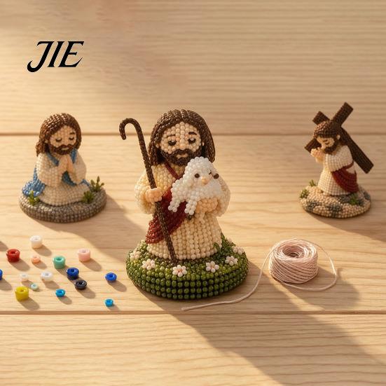 Miniature 3D Figures DIY Christian Beading Kit, Cute 4-Pack Tiny Beaded Jesus/Mary Beadwork Home Decor Handmade Mini Faith Beads Craft with