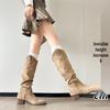 Sheepskin Suede V-Mouth Chunky Heel Mid-Calf Women's 2025 Boots - Western Soft Leather Slim Slouch Wide Calf