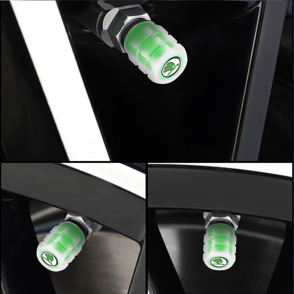 REOY4 4Pcs Car Luminous Styling Wheel Dust Covers Valve Stems Tire Valve Cap For Skoda Kodiaq Octavia Enyaq Kamiq Scala Rapid Superb A