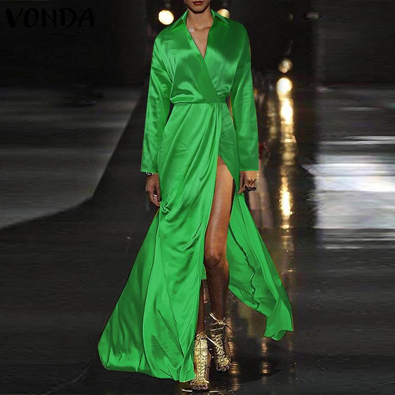 VONDA Женское модное однотонное атласное платье-рубашка с длинным рукавом и разрезом