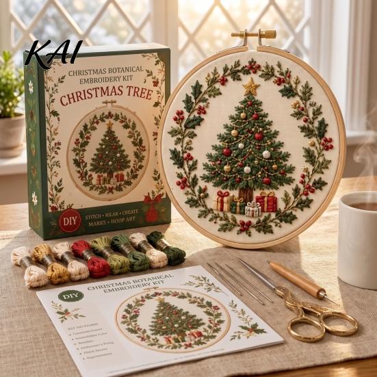 Home Decor Handmade Embroidery Christmas Kit for Beginners, Pre-Printed Pattern Full Set Tree Hanging Ornaments of Tools, DIY Needlework Festive Wall