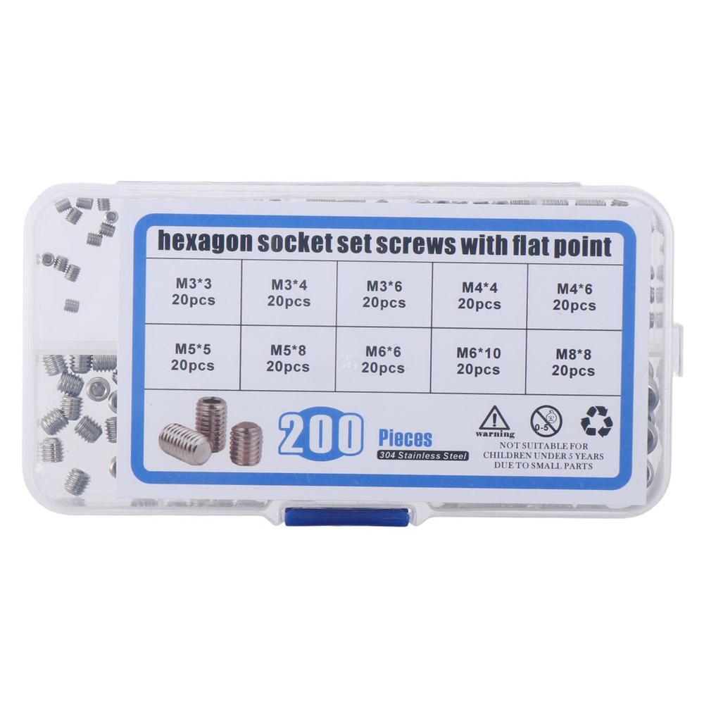 200pcs 10 Size Allen Head Socket 304 Stainless Steel Drive Cup-Point Set Grub Screws  Machine Meter