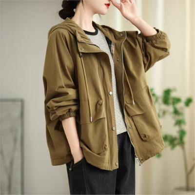 Женское осеннее модное винтажное хлопковое повседневное пальто с капюшоном корейское ретро однотонное свободное пальто на шнурке