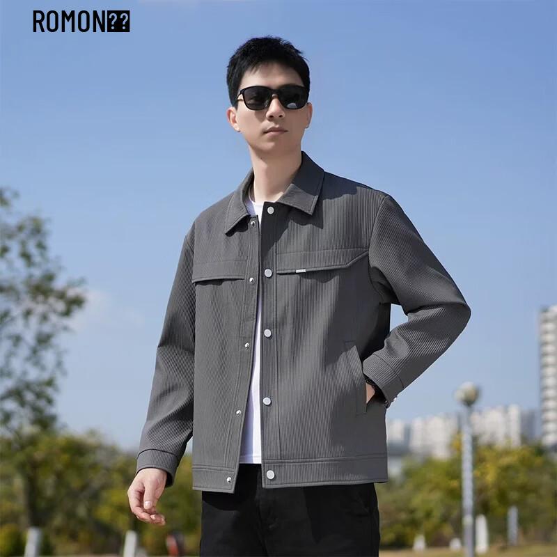 ROMON Men's Business-Casual Textured Lapel Long-Sleeve Shirt