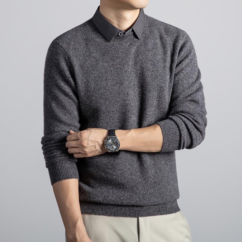 2025 Men's Thick Wool V-Neck Lapel Sweater - Fake Two-Piece Business Knitwear