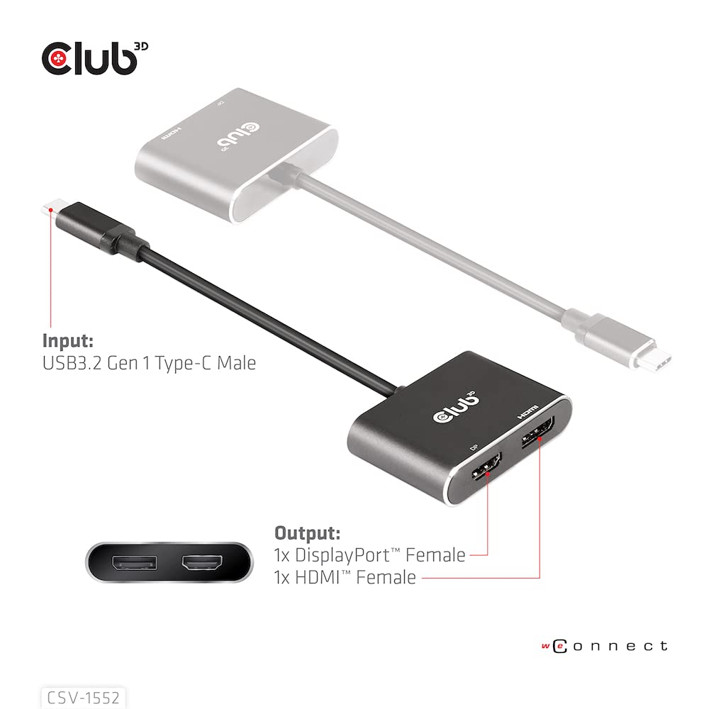 Club 3D MST-концентратор USB 3.2 Gen 2 Type-C (Альтернативный режим DP) Разветвитель-хаб на 2 дисплея DisplayPort + HDMI 4K60Hz, штекер/розетка (CSV-1552)