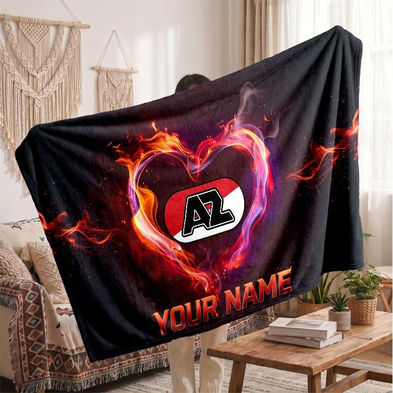 AZ Alkmaar Personalized Fleece Blanket With Football Logo, Custom Name Text Soft Warm Home Throw Blanket
