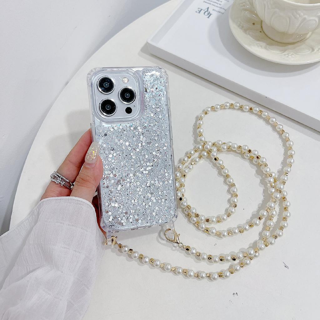 Чехол для iPhone 15 Pro Max из блестящей пудры, акрила + TPU с ремешком из жемчужных бусин