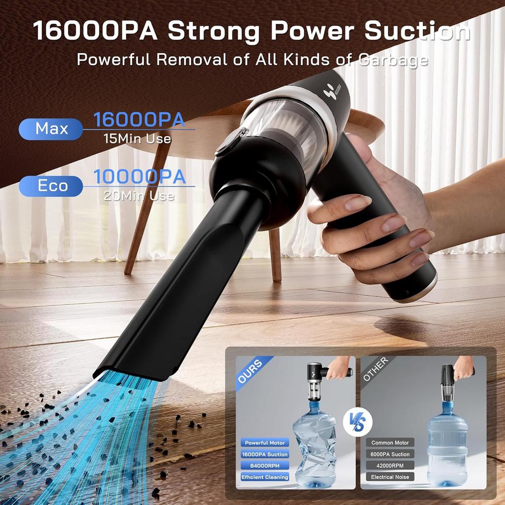 Helloleiboo Handheld Car Vacuum Cleaner 16000PA Car Vacuum Portable Cordless 120W High Power 4-In-1 Mini Vacuum Cleaner Rechargeable & Air Duster