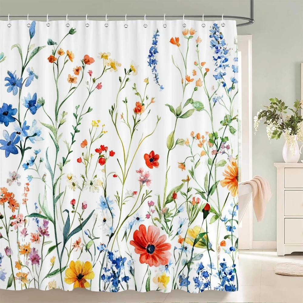 Watercolor Flowers, Leaves And Butterflies Shower Curtain Floral Printed Bathroom Bath Curtain Home Decor Curtain With Hooks