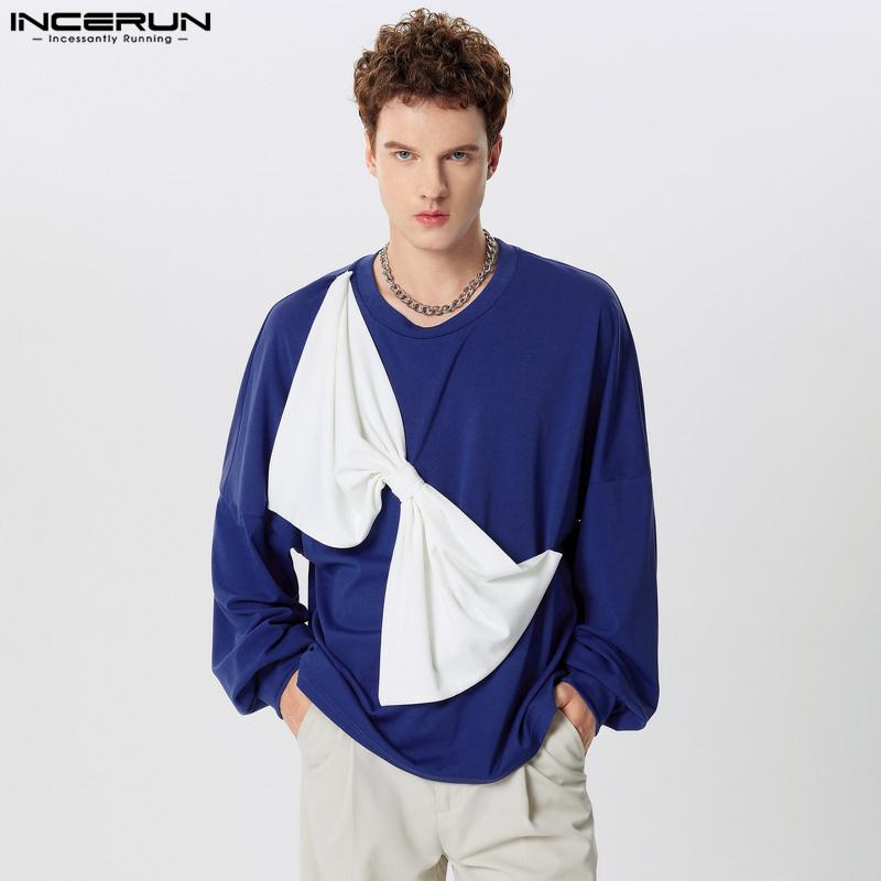INCERUN Men Round Neck Big Bow Patchwork Long Sleeve Pullover Tops