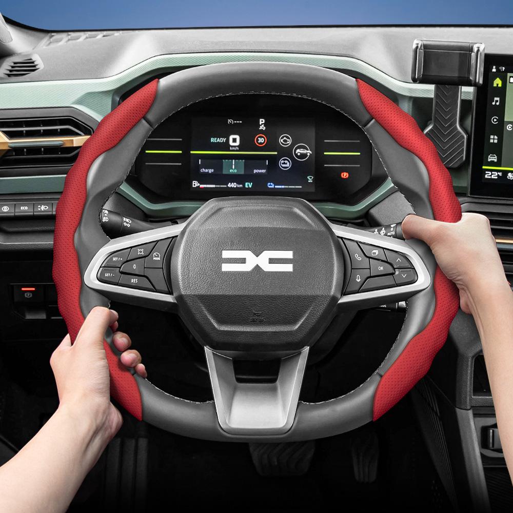 vcxja9 Suitable for Dacia Steering Wheel Cover, Wave-Shaped Sporty Design, Breathable Leather, Segmented Anti-Slip Sweat-Absorbing Protective
