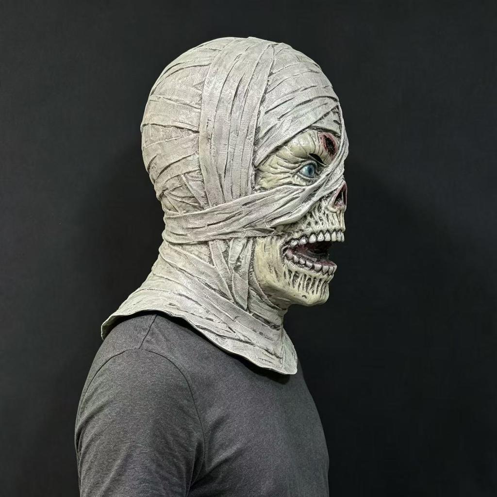 Halloween Horror Long Mummy Latex Mask, Costume Prop for Horror Movie, Haunted House, Escape Room, and Role-Playing