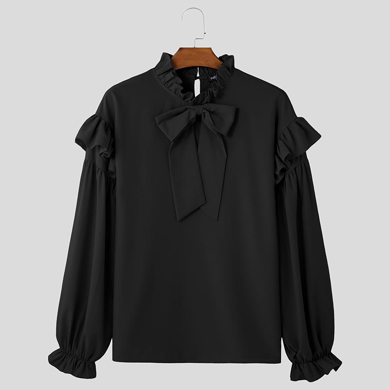INCERUN Men Elegant Ruffled Neck Shirts Casual Bow Knot Long Sleeve Tops