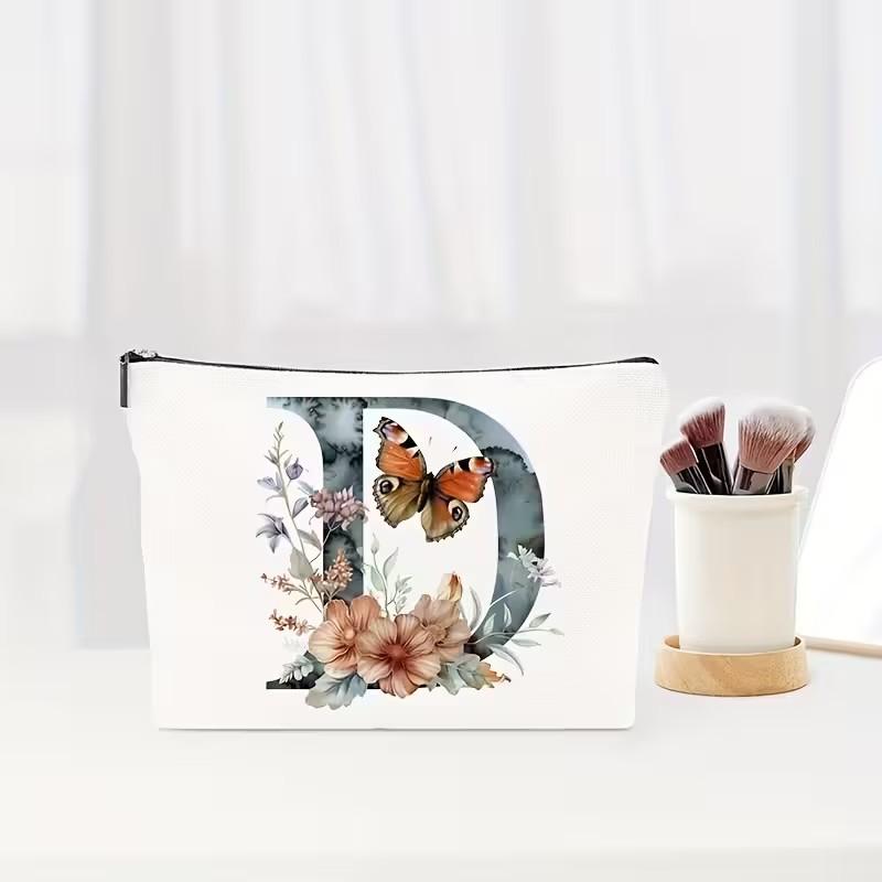 Letter Floral Pattern Zipper Cosmetic Bag Portable Travel Makeup Pouch Multifunctional Toiletry Wash Storage Bag for Women Daily Vacation Organizer