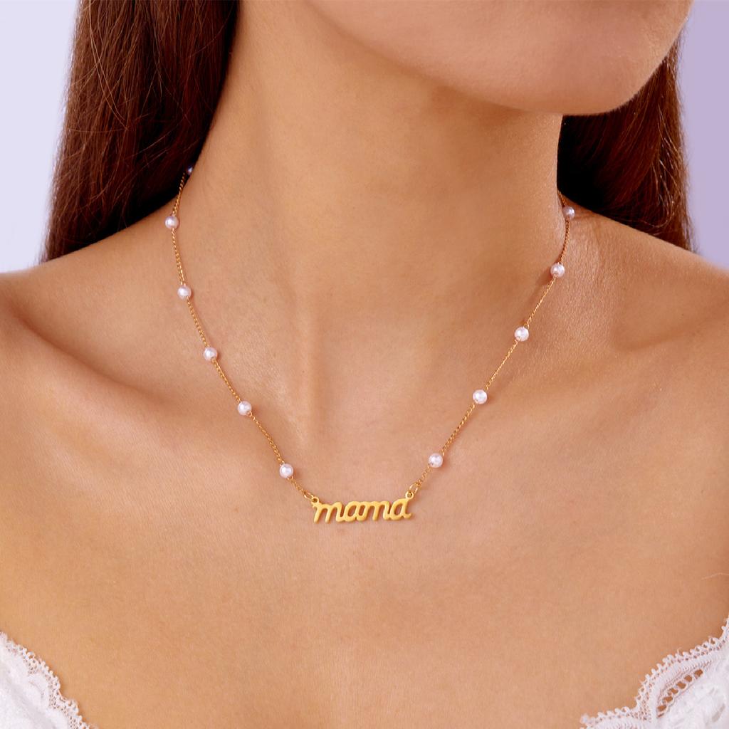 New Elegant Mother's Day Imitation Pearl Bracelet Charm Mama Letter Pendant Stainless Steel Bracelet for Women Jewelry Mom Gift