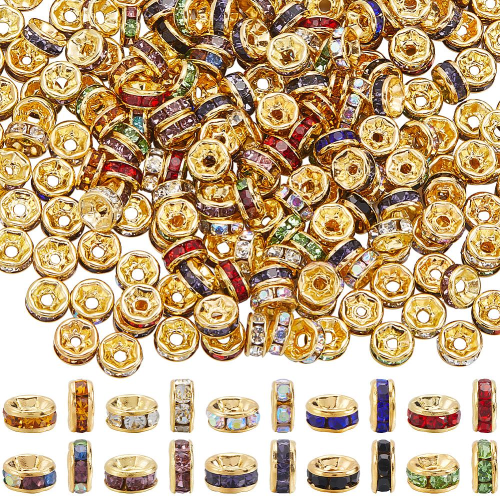 300pcs 10 Colors Brass Rhinestone Spacer Beads Grade A Rondelle 8x3.5mm Hole: 2mm Mixed Color 6x3mm Hole: 1mm 30pcs/color