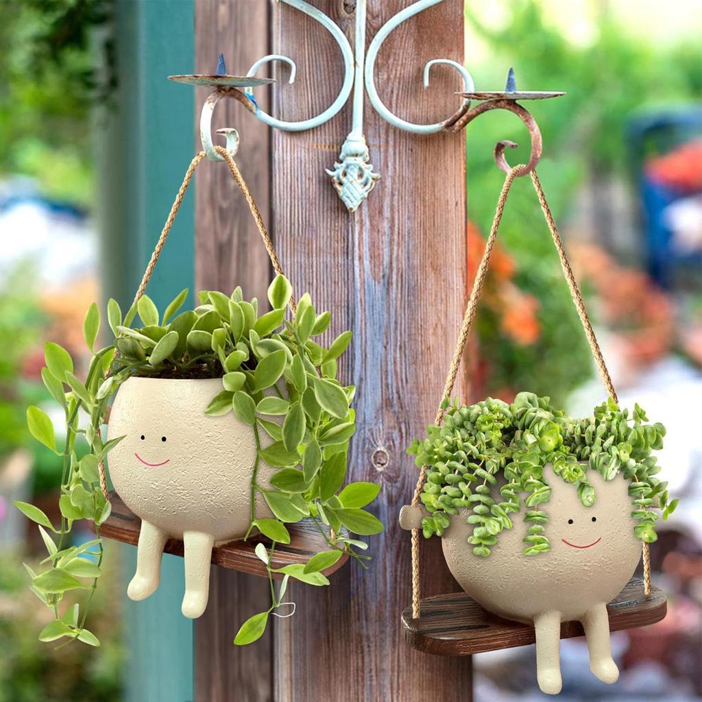 Resin Cartoon Cute Flowerpot Swing Flower Container Creative Wall Hanging Head Planter Home Garden Patio Accessories
