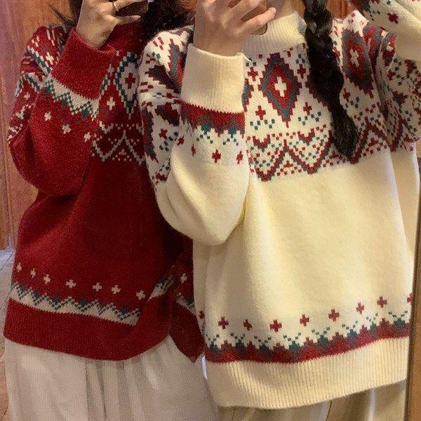 Красный рождественский свитер в корейском стиле для женщин - Свободный, ретро пуловер с круглым вырезом, вязаный для осени и зимы