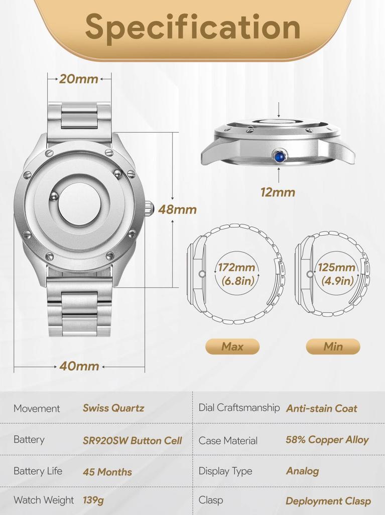 Парные магнитные часы с шарикоподшипником, кварцевые часы, минимализм, повседневные, водонепроницаемые, 40 мм, серебристый циферблат, серебристый браслет из нержавеющей стали [EUTOUR] мужские