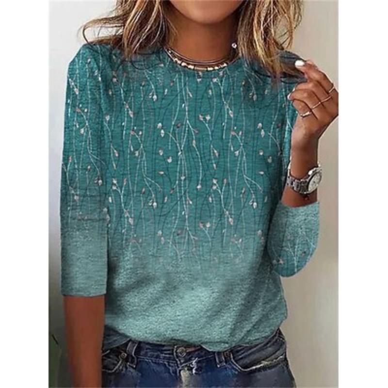 Женская футболка с цветочным принтом, праздничные выходные, элегантная модная, базовая, с длинным рукавом и круглым вырезом, синяя, осень и зима
