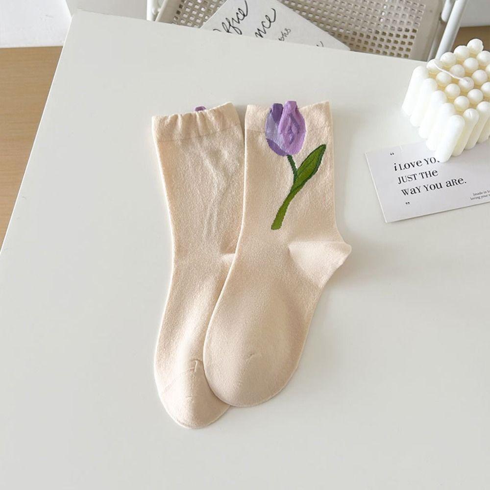 5Pairs Breathable Mid Tube Socks Thin Socks for Women Cute Tulip Flower Socks  Lady