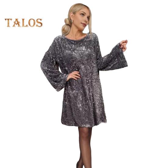 Женское платье осень-весна с мерцающими пайетками, круглым вырезом, большим бантом, свободным А-силуэтом, длиной выше колена, мини-платьем для выпускного, банкета и свидания