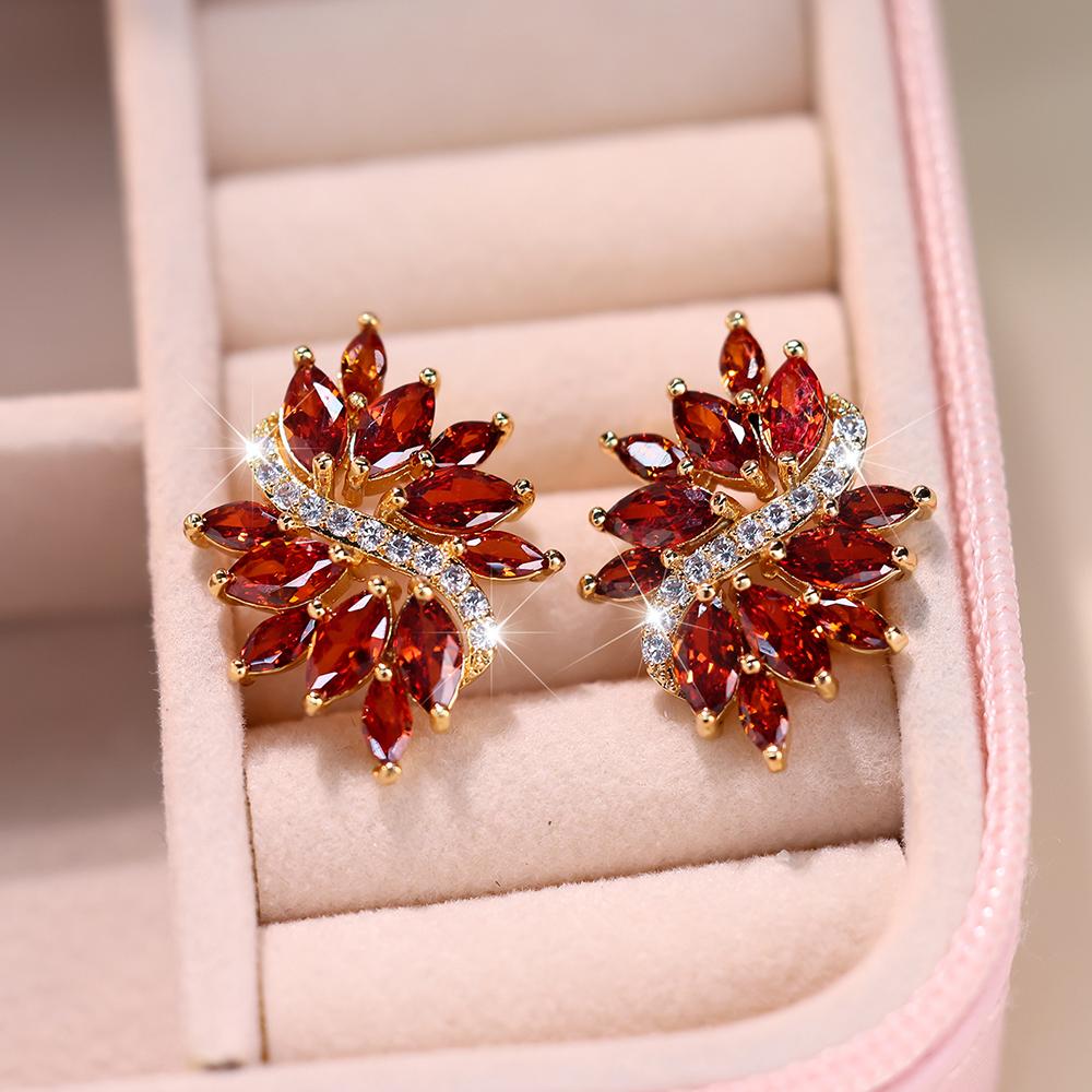 Винтажные цветочные серьги-гвоздики с красным кубическим цирконием для женщин, золотой цвет, модные свадебные украшения, Рождественский подарок