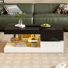 Modern coffee table with LED ambient lighting, APP and Bluetooth control, glass shelf & high-gloss surface, black-white design, 90x45x35,5 cm