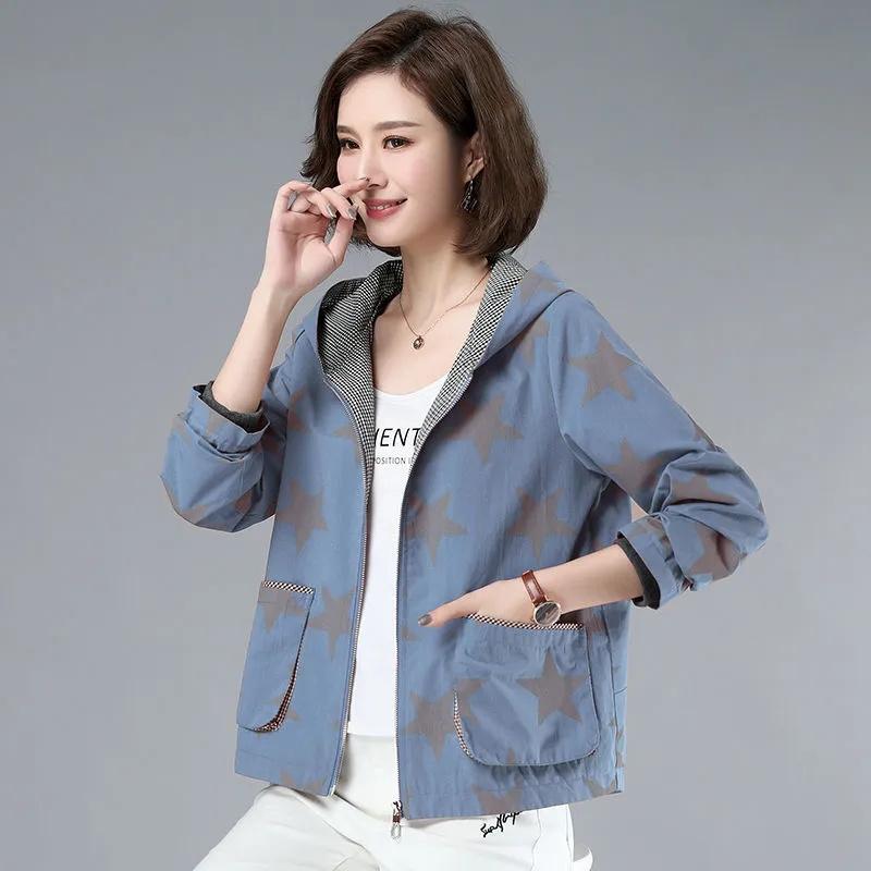 Куртки с капюшоном с принтом, женские весенние повседневные свободные верхняя одежда больших размеров, двусторонняя одежда L-4XL, ветровки, пальто, топы в корейском стиле