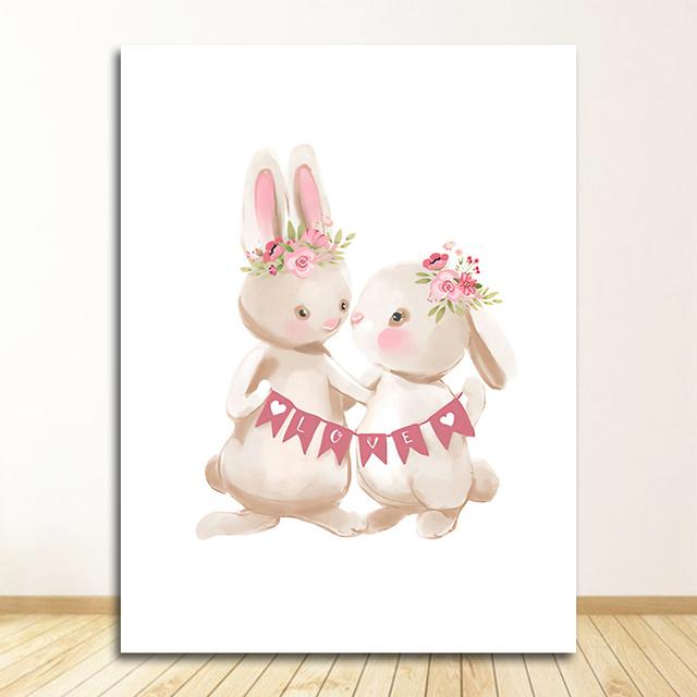 Розовые цветы, мультяшная картина для девочек, декор для детской комнаты, постер с кроликом, картины с животными, детская настенная живопись с кроликом, холст, живопись