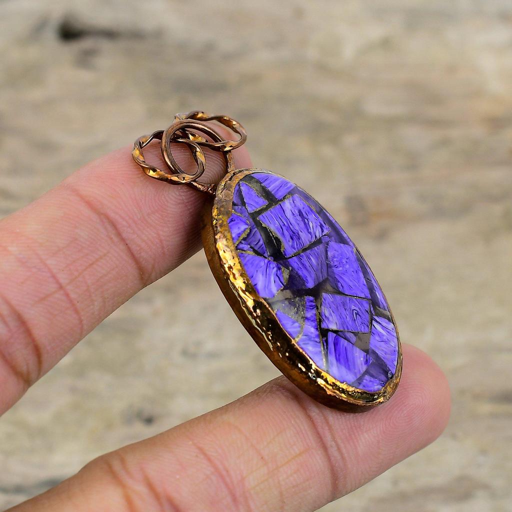 Медный кулон с чароитом, медный кулон, изготовленный гальваническим методом, стильный кулон, кулон с драгоценным камнем, ювелирные изделия, изготовленные гальваническим способом, подарок для мамы, кулон ручной работы